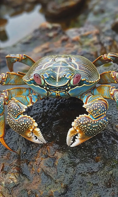 Colorful crab with intricate patterns moving across rocky coastal surface