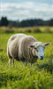 Calm sheep peacefully grazing and moving across lush green pasture